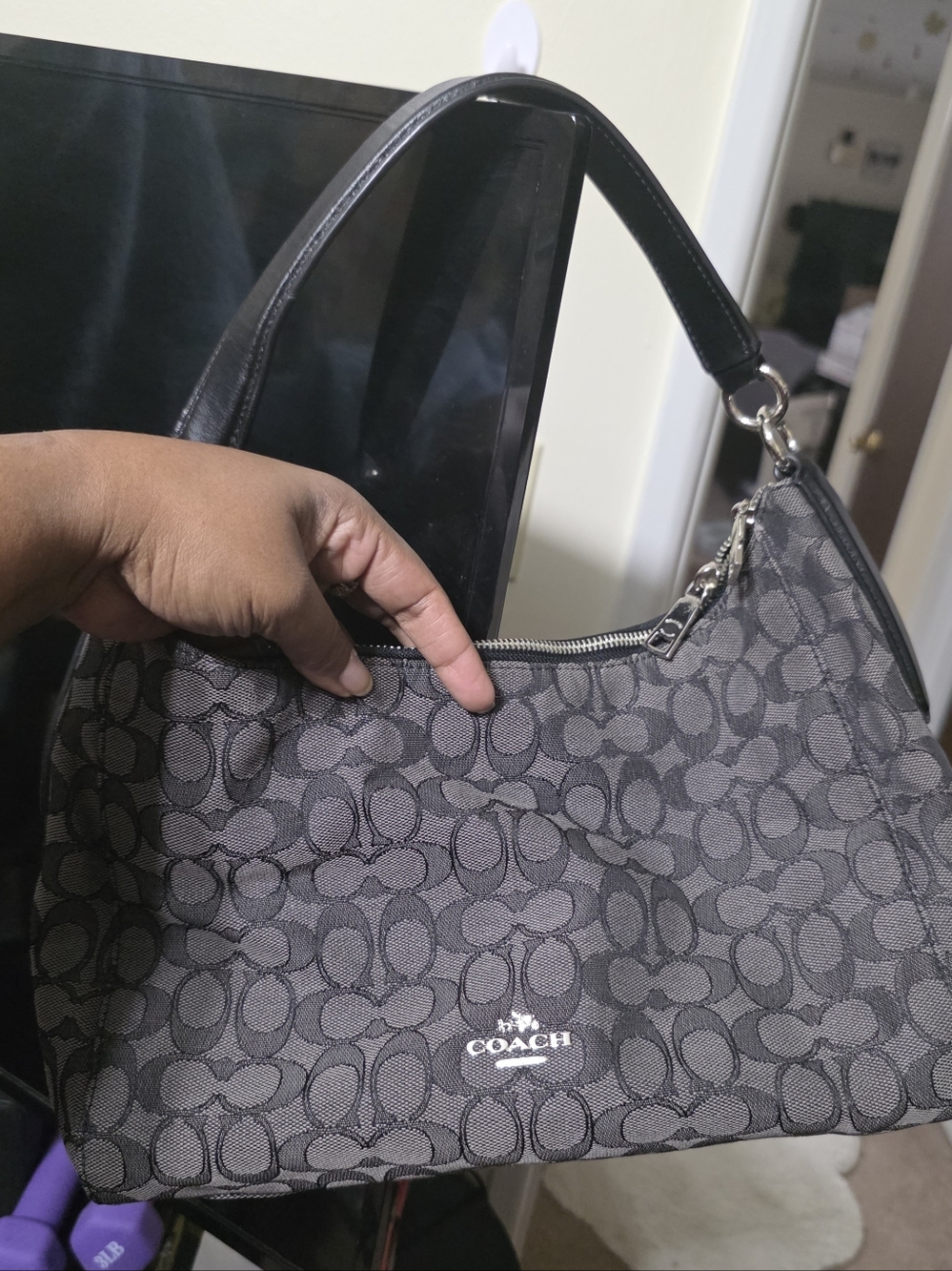 Coach Black and Gray Signature Jacquard Shoulder Bag